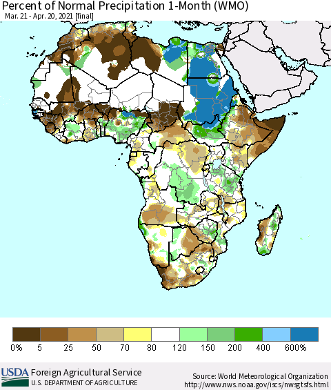 Africa Percent of Normal Precipitation 1-Month (WMO) Thematic Map For 3/21/2021 - 4/20/2021