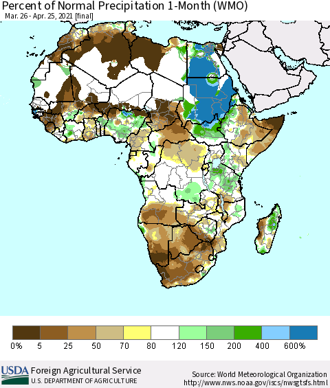 Africa Percent of Normal Precipitation 1-Month (WMO) Thematic Map For 3/26/2021 - 4/25/2021