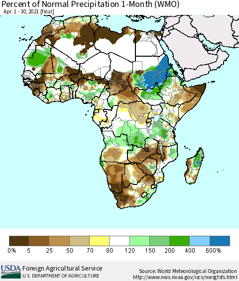 Africa Percent of Normal Precipitation 1-Month (WMO) Thematic Map For 4/1/2021 - 4/30/2021