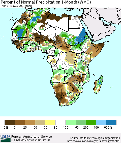 Africa Percent of Normal Precipitation 1-Month (WMO) Thematic Map For 4/6/2021 - 5/5/2021