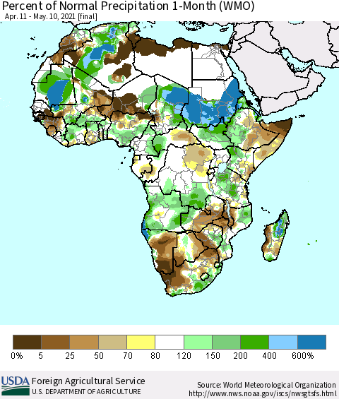 Africa Percent of Normal Precipitation 1-Month (WMO) Thematic Map For 4/11/2021 - 5/10/2021
