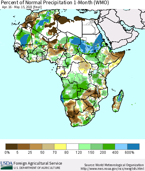 Africa Percent of Normal Precipitation 1-Month (WMO) Thematic Map For 4/16/2021 - 5/15/2021