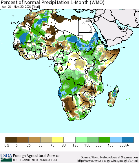 Africa Percent of Normal Precipitation 1-Month (WMO) Thematic Map For 4/21/2021 - 5/20/2021