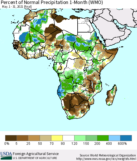 Africa Percent of Normal Precipitation 1-Month (WMO) Thematic Map For 5/1/2021 - 5/31/2021