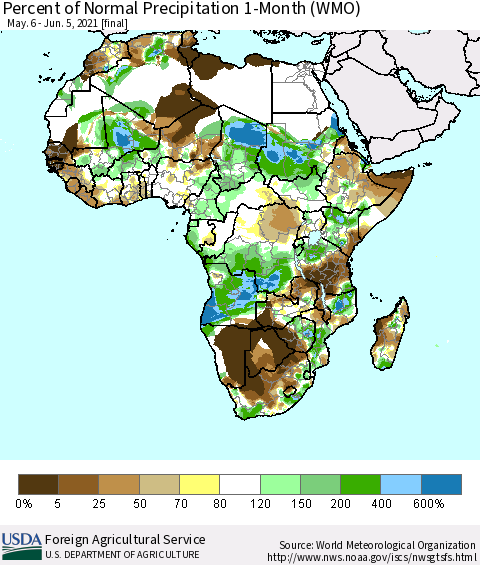 Africa Percent of Normal Precipitation 1-Month (WMO) Thematic Map For 5/6/2021 - 6/5/2021