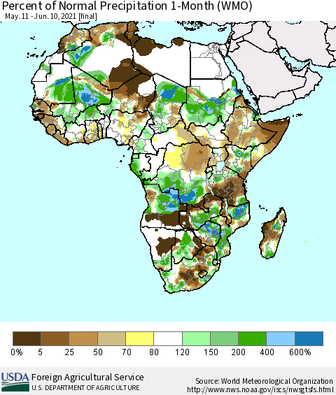 Africa Percent of Normal Precipitation 1-Month (WMO) Thematic Map For 5/11/2021 - 6/10/2021