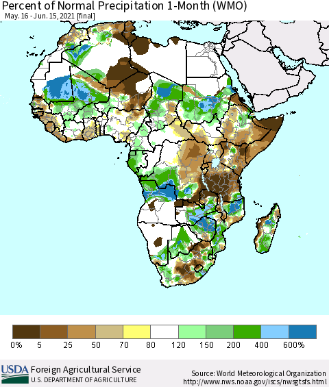 Africa Percent of Normal Precipitation 1-Month (WMO) Thematic Map For 5/16/2021 - 6/15/2021