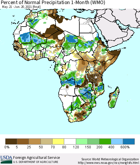 Africa Percent of Normal Precipitation 1-Month (WMO) Thematic Map For 5/21/2021 - 6/20/2021