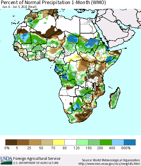 Africa Percent of Normal Precipitation 1-Month (WMO) Thematic Map For 6/6/2021 - 7/5/2021
