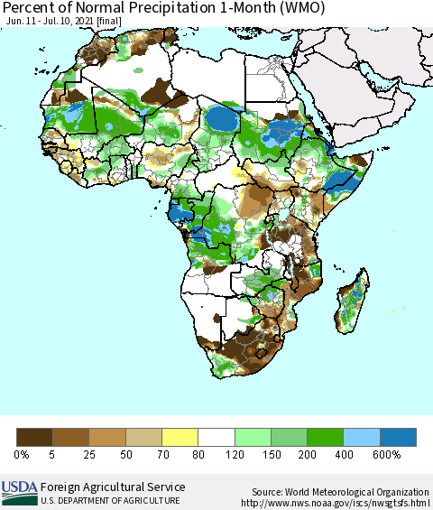 Africa Percent of Normal Precipitation 1-Month (WMO) Thematic Map For 6/11/2021 - 7/10/2021