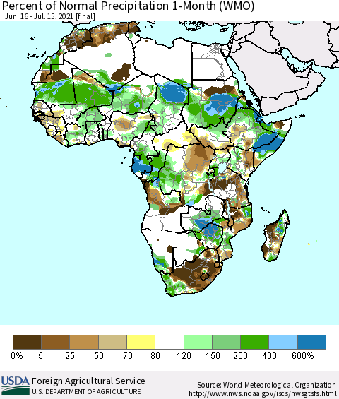 Africa Percent of Normal Precipitation 1-Month (WMO) Thematic Map For 6/16/2021 - 7/15/2021