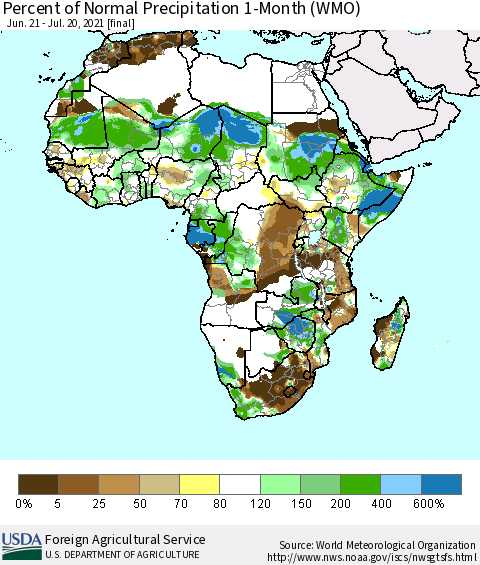 Africa Percent of Normal Precipitation 1-Month (WMO) Thematic Map For 6/21/2021 - 7/20/2021
