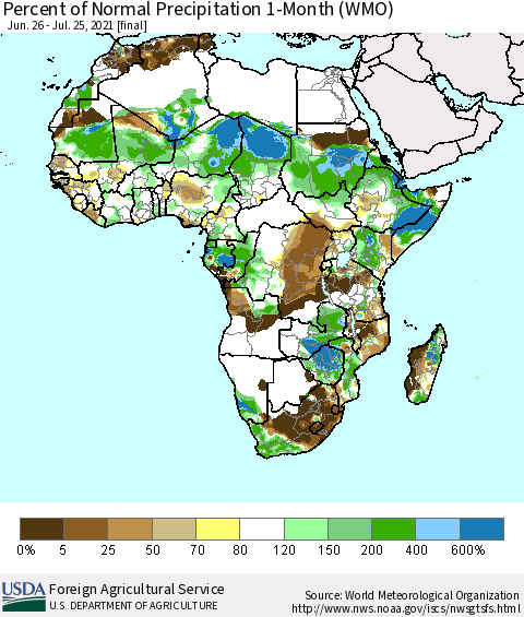 Africa Percent of Normal Precipitation 1-Month (WMO) Thematic Map For 6/26/2021 - 7/25/2021