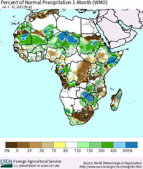 Africa Percent of Normal Precipitation 1-Month (WMO) Thematic Map For 7/1/2021 - 7/31/2021
