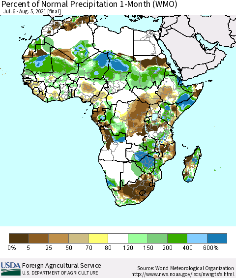 Africa Percent of Normal Precipitation 1-Month (WMO) Thematic Map For 7/6/2021 - 8/5/2021