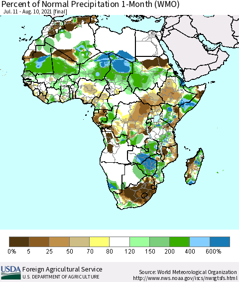 Africa Percent of Normal Precipitation 1-Month (WMO) Thematic Map For 7/11/2021 - 8/10/2021