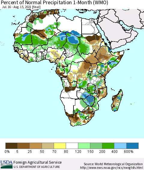 Africa Percent of Normal Precipitation 1-Month (WMO) Thematic Map For 7/16/2021 - 8/15/2021