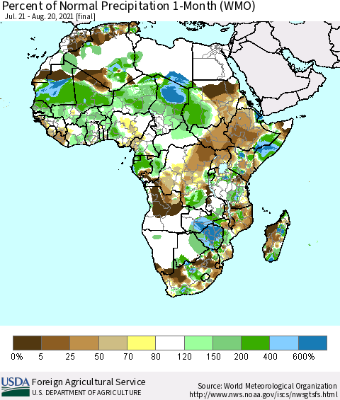 Africa Percent of Normal Precipitation 1-Month (WMO) Thematic Map For 7/21/2021 - 8/20/2021