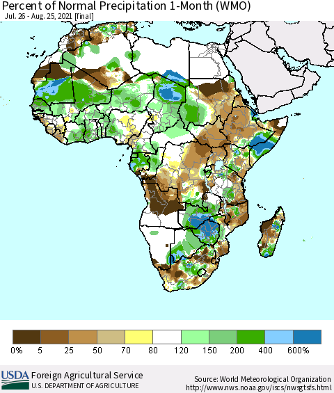 Africa Percent of Normal Precipitation 1-Month (WMO) Thematic Map For 7/26/2021 - 8/25/2021