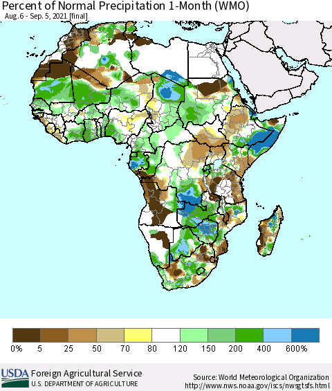 Africa Percent of Normal Precipitation 1-Month (WMO) Thematic Map For 8/6/2021 - 9/5/2021