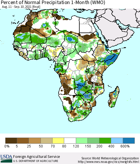 Africa Percent of Normal Precipitation 1-Month (WMO) Thematic Map For 8/11/2021 - 9/10/2021