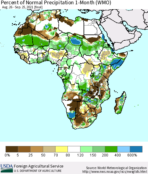 Africa Percent of Normal Precipitation 1-Month (WMO) Thematic Map For 8/26/2021 - 9/25/2021