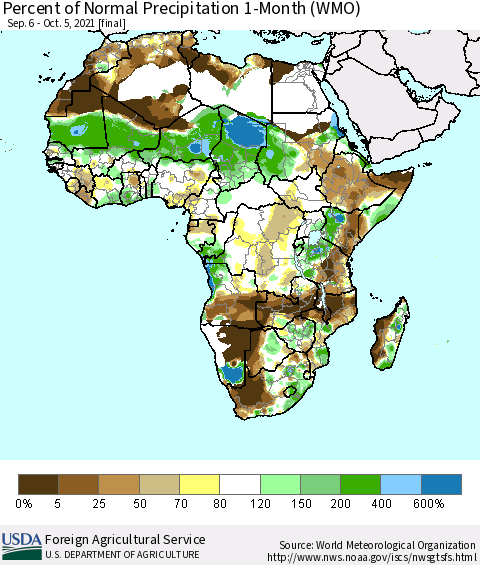 Africa Percent of Normal Precipitation 1-Month (WMO) Thematic Map For 9/6/2021 - 10/5/2021