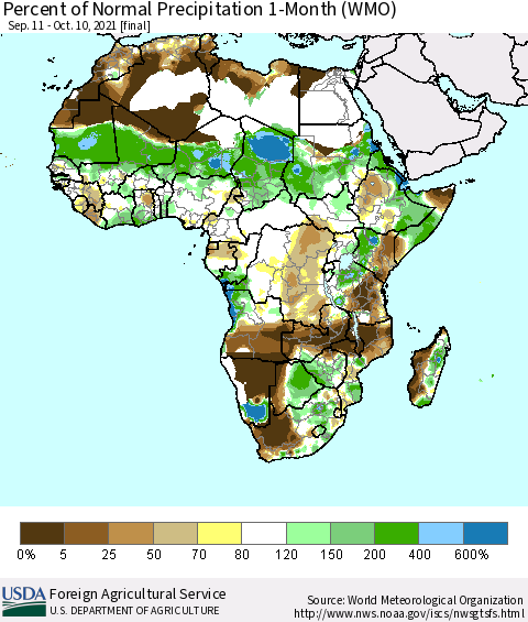 Africa Percent of Normal Precipitation 1-Month (WMO) Thematic Map For 9/11/2021 - 10/10/2021