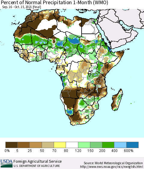 Africa Percent of Normal Precipitation 1-Month (WMO) Thematic Map For 9/16/2021 - 10/15/2021