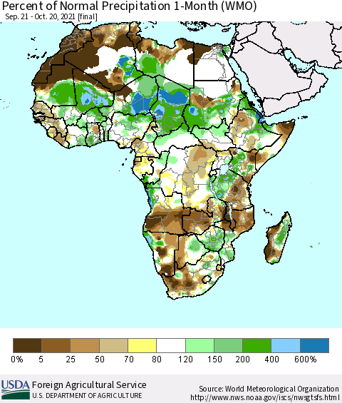 Africa Percent of Normal Precipitation 1-Month (WMO) Thematic Map For 9/21/2021 - 10/20/2021