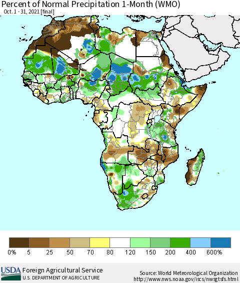 Africa Percent of Normal Precipitation 1-Month (WMO) Thematic Map For 10/1/2021 - 10/31/2021