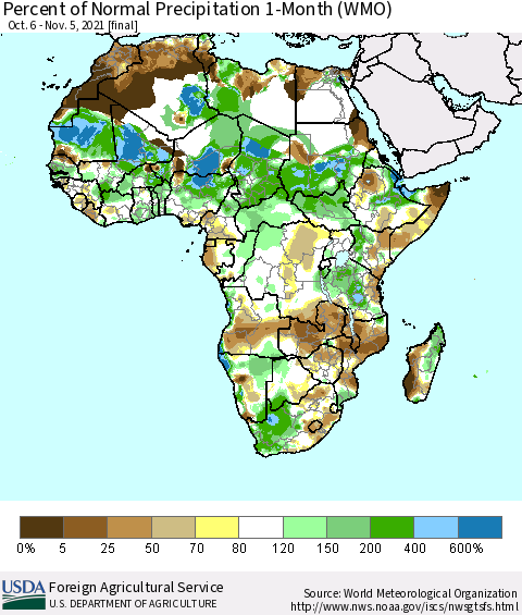 Africa Percent of Normal Precipitation 1-Month (WMO) Thematic Map For 10/6/2021 - 11/5/2021