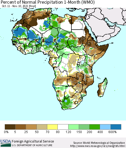Africa Percent of Normal Precipitation 1-Month (WMO) Thematic Map For 10/11/2021 - 11/10/2021