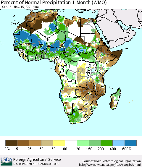 Africa Percent of Normal Precipitation 1-Month (WMO) Thematic Map For 10/16/2021 - 11/15/2021