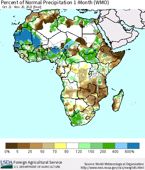 Africa Percent of Normal Precipitation 1-Month (WMO) Thematic Map For 10/21/2021 - 11/20/2021