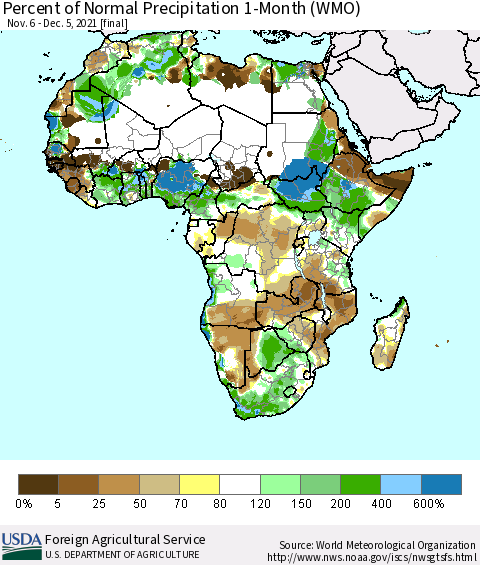 Africa Percent of Normal Precipitation 1-Month (WMO) Thematic Map For 11/6/2021 - 12/5/2021