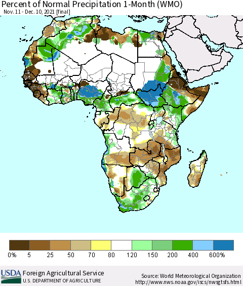 Africa Percent of Normal Precipitation 1-Month (WMO) Thematic Map For 11/11/2021 - 12/10/2021