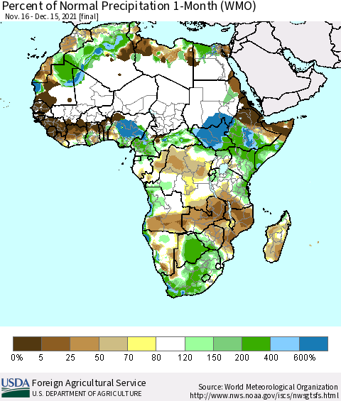 Africa Percent of Normal Precipitation 1-Month (WMO) Thematic Map For 11/16/2021 - 12/15/2021