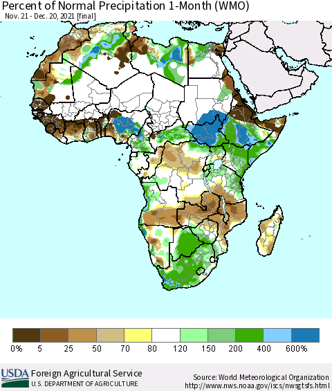 Africa Percent of Normal Precipitation 1-Month (WMO) Thematic Map For 11/21/2021 - 12/20/2021
