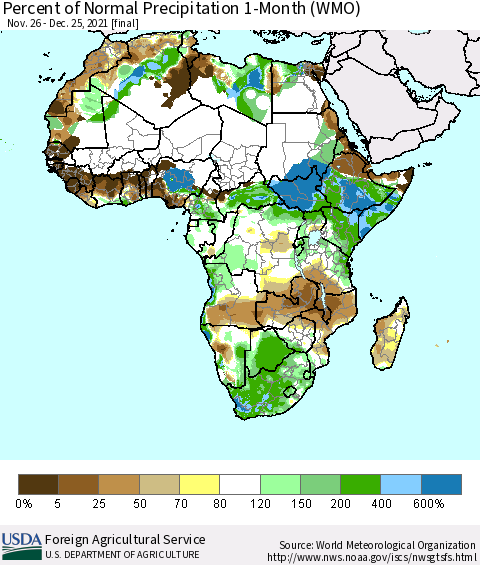 Africa Percent of Normal Precipitation 1-Month (WMO) Thematic Map For 11/26/2021 - 12/25/2021