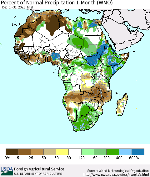 Africa Percent of Normal Precipitation 1-Month (WMO) Thematic Map For 12/1/2021 - 12/31/2021