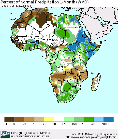 Africa Percent of Normal Precipitation 1-Month (WMO) Thematic Map For 12/6/2021 - 1/5/2022