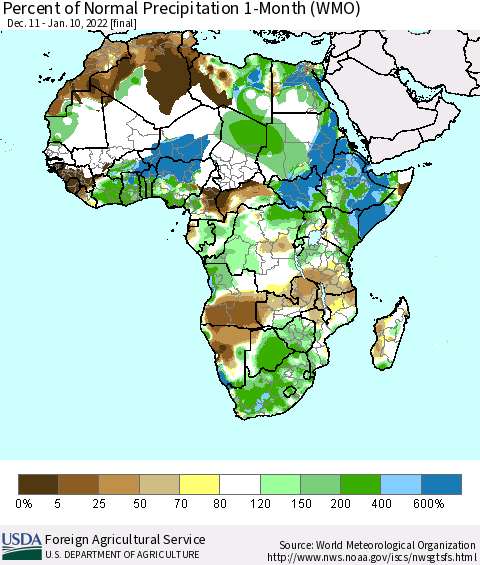 Africa Percent of Normal Precipitation 1-Month (WMO) Thematic Map For 12/11/2021 - 1/10/2022