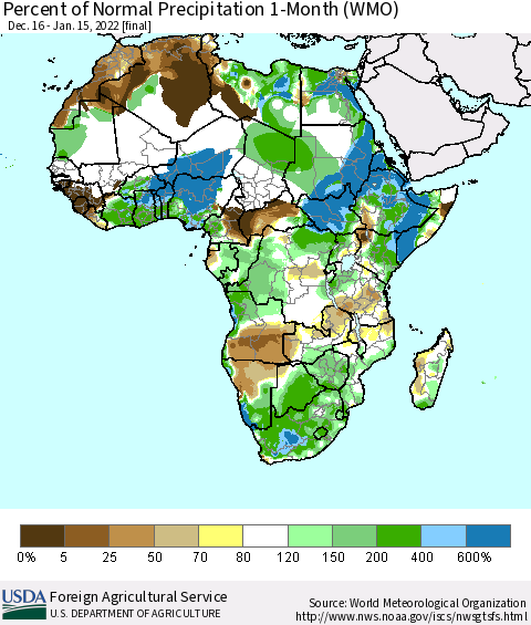 Africa Percent of Normal Precipitation 1-Month (WMO) Thematic Map For 12/16/2021 - 1/15/2022