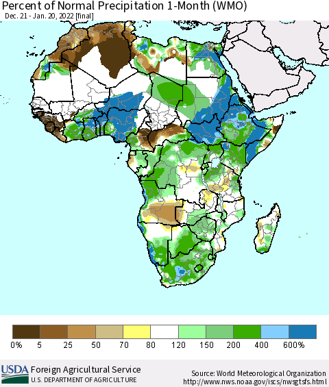 Africa Percent of Normal Precipitation 1-Month (WMO) Thematic Map For 12/21/2021 - 1/20/2022