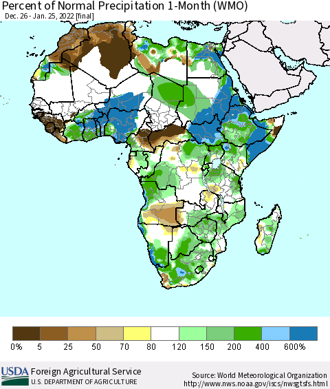 Africa Percent of Normal Precipitation 1-Month (WMO) Thematic Map For 12/26/2021 - 1/25/2022