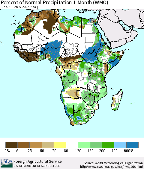 Africa Percent of Normal Precipitation 1-Month (WMO) Thematic Map For 1/6/2022 - 2/5/2022