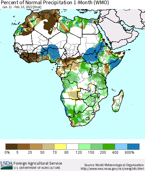 Africa Percent of Normal Precipitation 1-Month (WMO) Thematic Map For 1/11/2022 - 2/10/2022