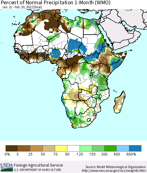 Africa Percent of Normal Precipitation 1-Month (WMO) Thematic Map For 1/21/2022 - 2/20/2022