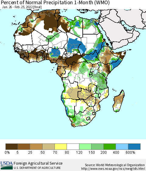 Africa Percent of Normal Precipitation 1-Month (WMO) Thematic Map For 1/26/2022 - 2/25/2022